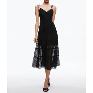 Alice + Olivia Black Eyelet Shanti Button Front Tiered Midi Dress Size 4